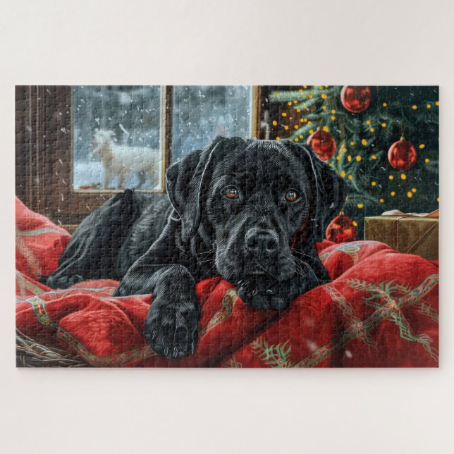 Puzzle Chien Labrador noir de Noël festif (Horizontal)