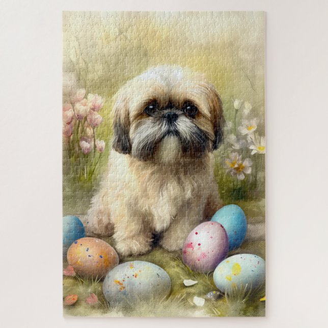 Puzzle Chien Lhassa Apso avec oeufs de Pâques vacances (Vertical)