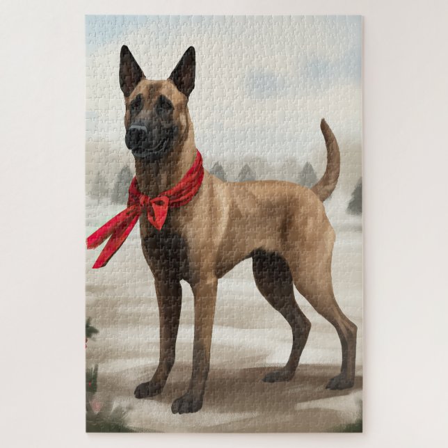 Puzzle Chien Malinois Belge dans la neige Noël (Vertical)