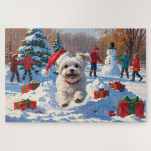 Puzzle Chien maltais courant dans la neige avec un chapea