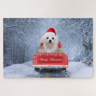 Puzzle Chien maltais dans la neige assis dans un camion d
