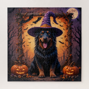Puzzle Chien mignon avec chapeau de sorcière entouré de c