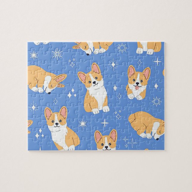 Puzzle Chien mignon sur Arrière - plan bleu (Horizontal)