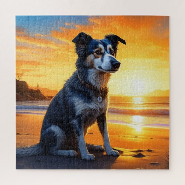 Puzzle Chien mignon sur la plage au coucher du soleil (Vertical)