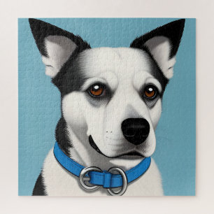 Puzzle Chien noir et blanc avec collier bleu