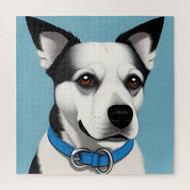 Puzzle Chien noir et blanc avec collier bleu (Vertical)