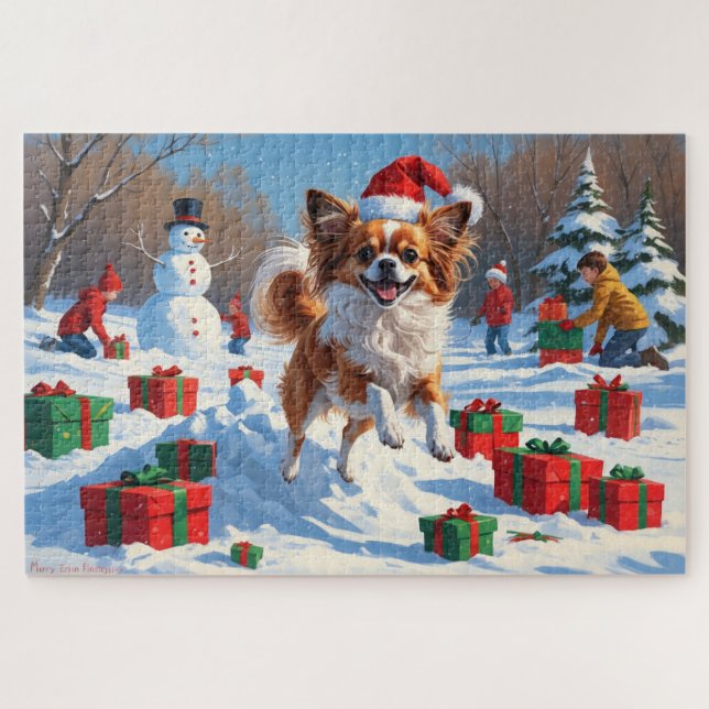 Puzzle Chien Papillon courant dans la neige avec un chape (Horizontal)