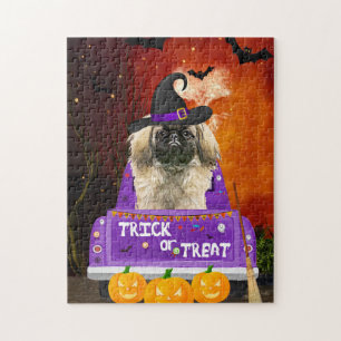 Puzzle Chien pekingese dans le camion Halloween