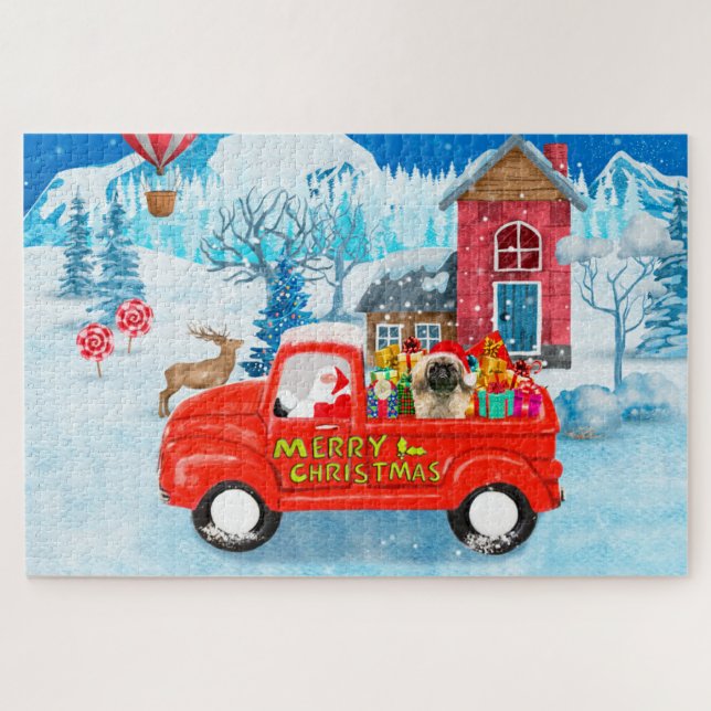 Puzzle Chien Pekingese Livraison de Noël Camion Neige (Horizontal)