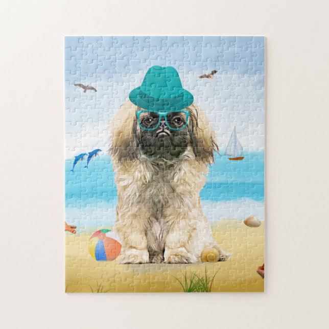 Puzzle Chien pekingese sur la plage (Vertical)