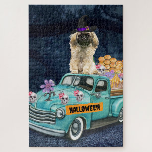 Puzzle Chien Pékinois Halloween Camion Nuit Effrayante