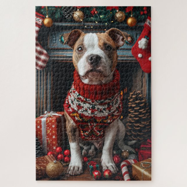 Puzzle Chien Pitbull avec des cadeaux de Noël Cheminée (Vertical)