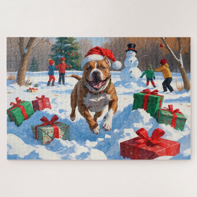 Puzzle Chien Pitbull courant dans la neige avec un chapea (Horizontal)