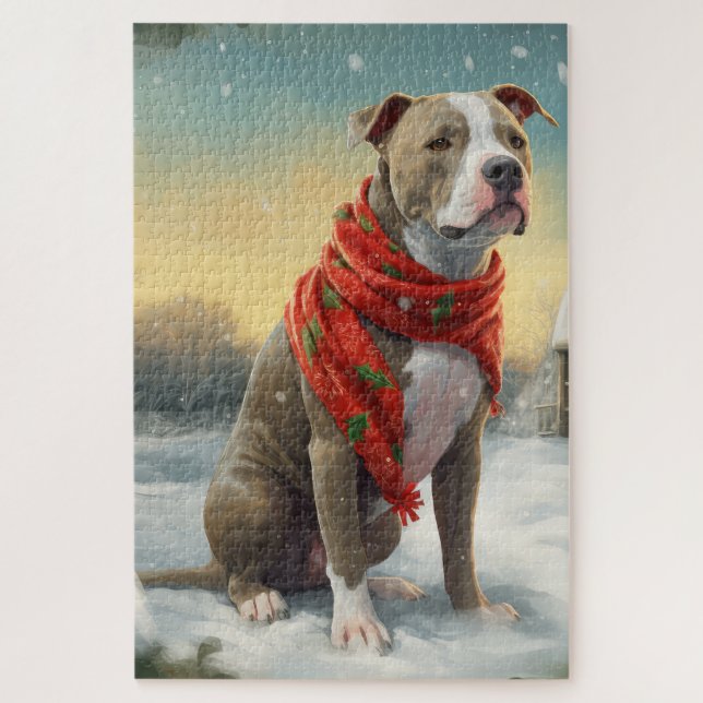 Puzzle Chien Pitbull dans la neige de Noël (Vertical)