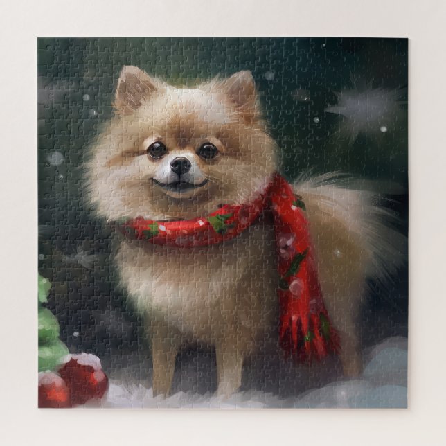 Puzzle Chien Poméranie dans la neige Noël (Vertical)
