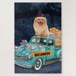 Puzzle Chien Poméranie Halloween Camion Nuit Effrayante