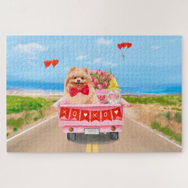 Puzzle Chien Poméranie Saint-Valentin Camion Cœurs  (Horizontal)