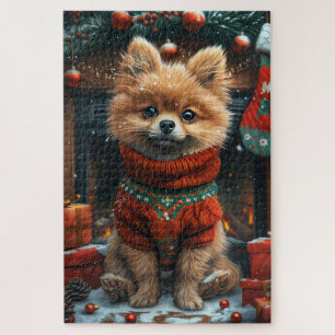 Puzzle Chien Poméranien avec des cadeaux de Noël Cheminée