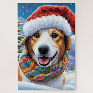 Puzzle Chien portant un chapeau joyeux de Père Noël