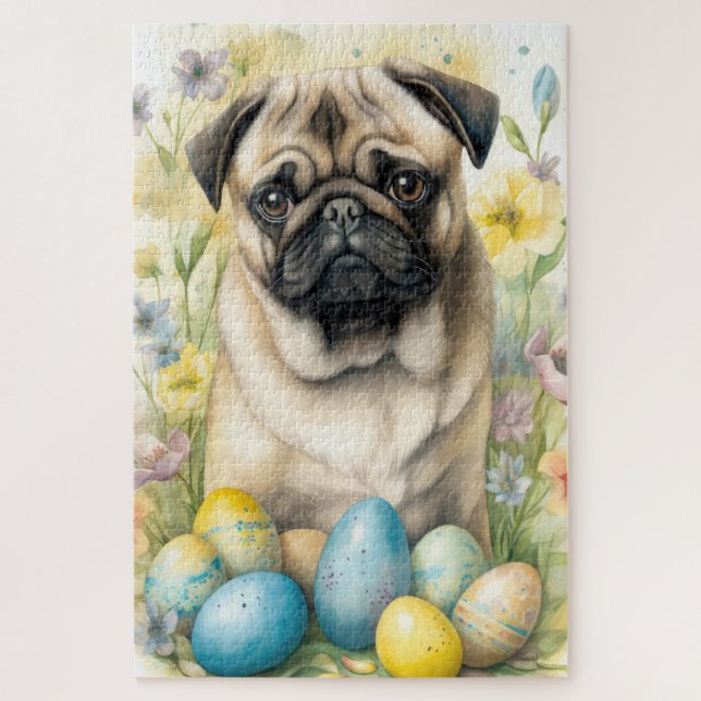 Puzzle Chien Pug avec vacances de œufs de Pâques  (Vertical)