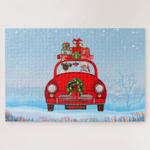 Puzzle Chien Pug dans une voiture avec le Père Noël