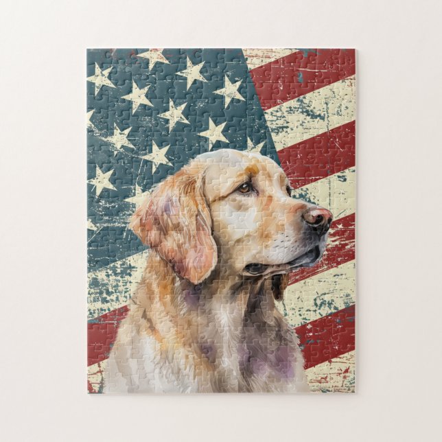 Puzzle Chien Retriever doré Drapeau américain Grunge (Vertical)