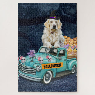 Puzzle Chien Retriever doré Halloween Camion Nuit effraya