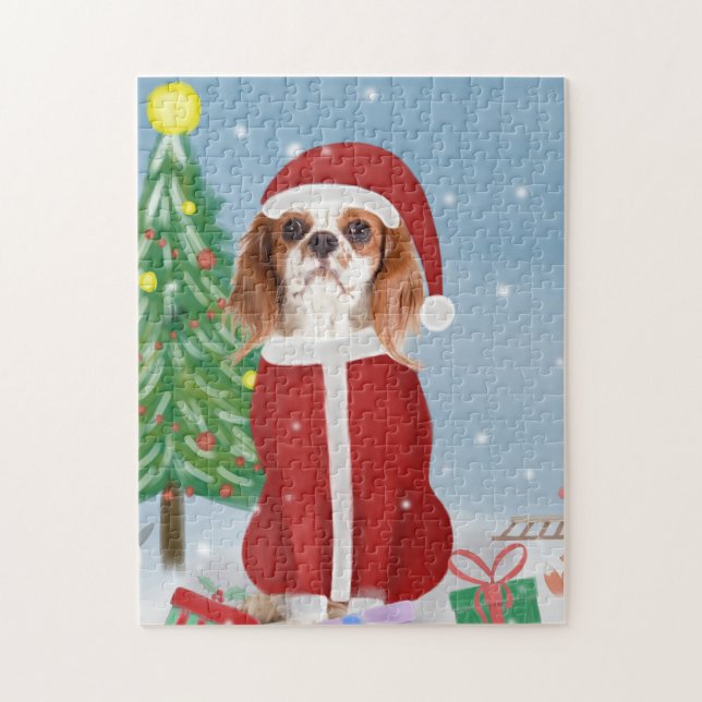 Puzzle Chien roi Cavalier en neige avec cadeaux de Noël (Vertical)