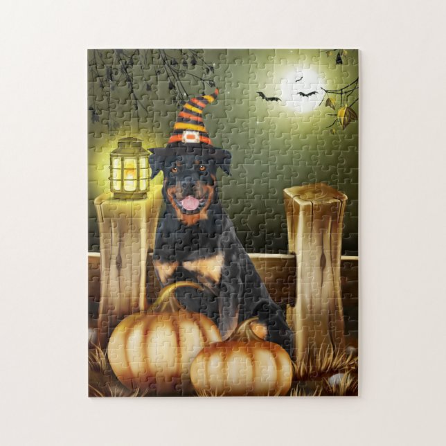 Puzzle Chien Rottweiler avec Casquette sorcier Halloween (Vertical)