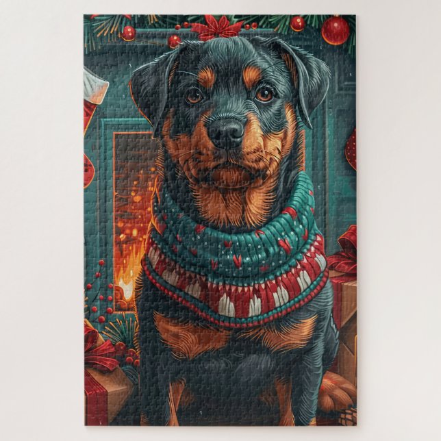 Puzzle Chien Rottweiler avec cheminée de cadeaux de Noël (Vertical)