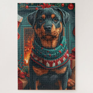 Puzzle Chien Rottweiler avec des cadeaux de Noël cheminée