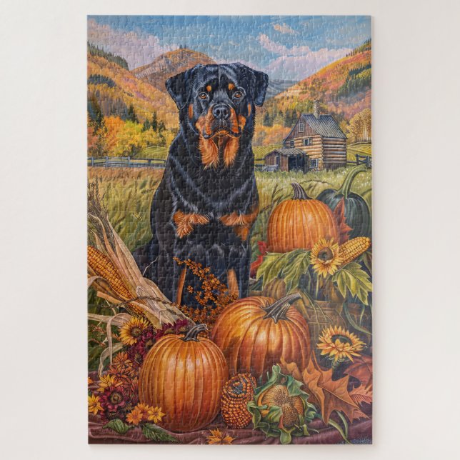 Puzzle Chien Rottweiler Récolte d'Automne Action de Grâce (Vertical)