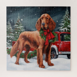 Puzzle Chien rouge irlandais à la neige Noël