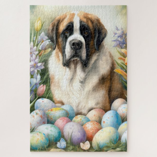 Puzzle Chien Saint-Bernard avec œufs de Pâques vacances  (Vertical)