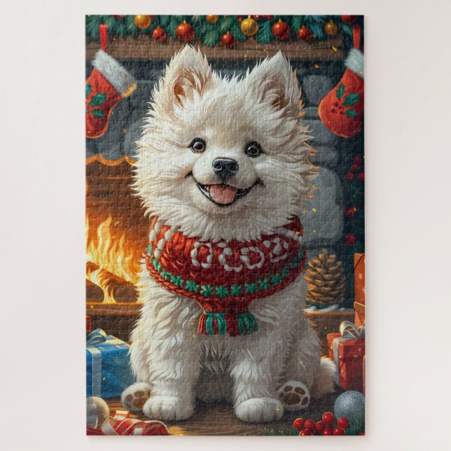 Puzzle Chien Samoyède avec des cadeaux de Noël Cheminée (Vertical)