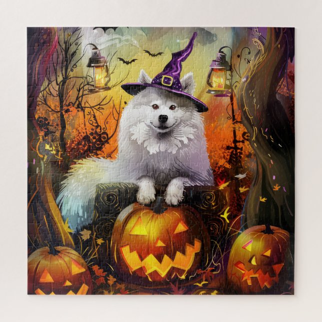Puzzle Chien Samoyède Effrayant Halloween Sorcière Et Cit (Vertical)