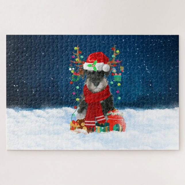 Puzzle Chien Schnauzer avec cadeaux de Noël (Horizontal)