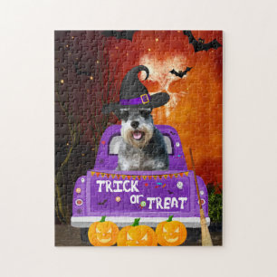 Puzzle Chien schnauzer dans un camion Halloween