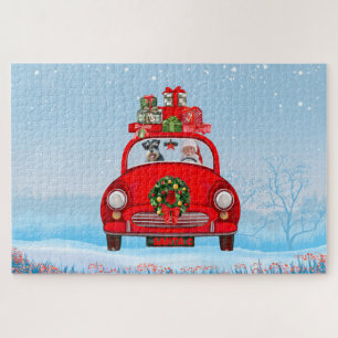 Puzzle Chien schnauzer en voiture avec le Père Noël