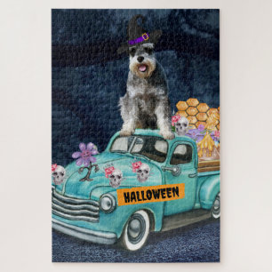 Puzzle Chien Schnauzer Halloween Camion Nuit Effrayante