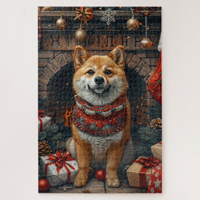 Puzzle Chien Shiba Inu Avec Cheminée Cadeaux De Noël (Vertical)