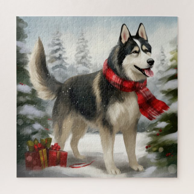 Puzzle Chien sibérien Husky à Noël de neige (Vertical)