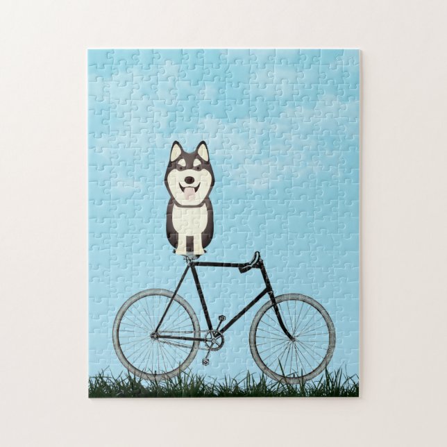 Puzzle Chien sibérien Husky assis sur une bicyclette Vint (Vertical)