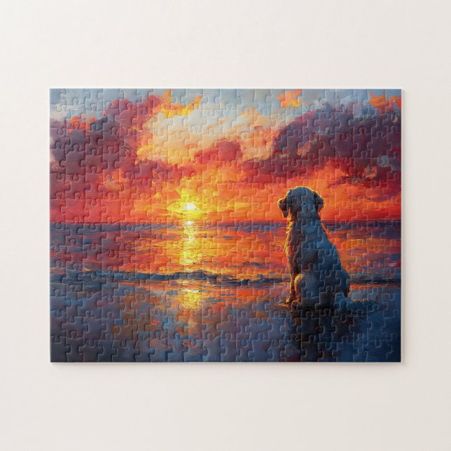 Puzzle Chien sur la plage à regarder le coucher du soleil (Horizontal)