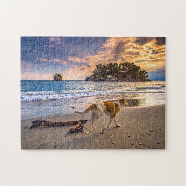 Puzzle Chien sur la plage au coucher du soleil (Horizontal)