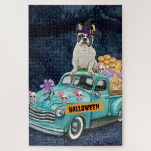 Puzzle Chien-taureau français Halloween Camion Effrayant