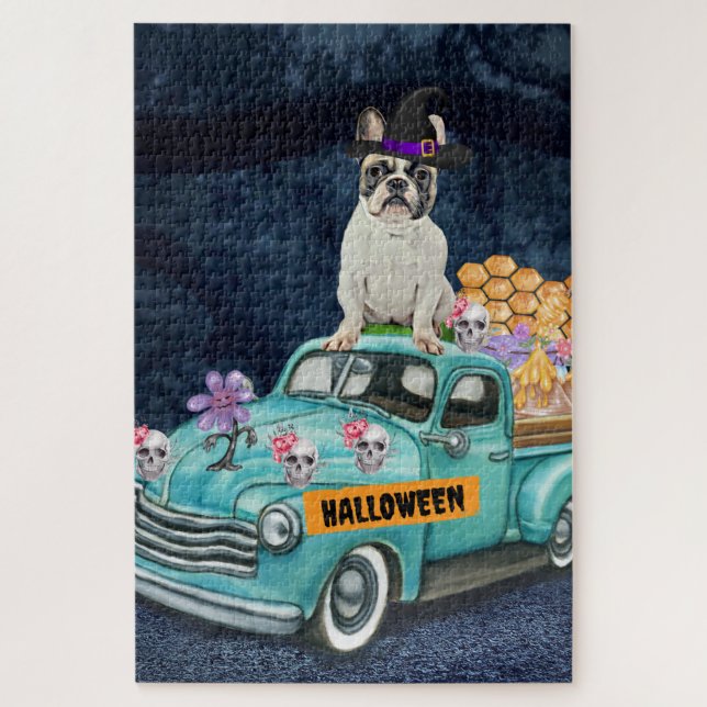 Puzzle Chien-taureau français Halloween Camion Effrayant  (Vertical)