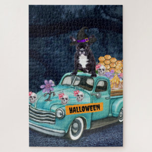 Puzzle Chien-taureau français Halloween Camion Effrayant