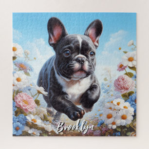 Puzzle Chien-taureaux et fleurs français noir et blanc