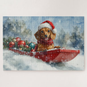 Puzzle Chien teckel dans un traîneau Qu'il neige Noël